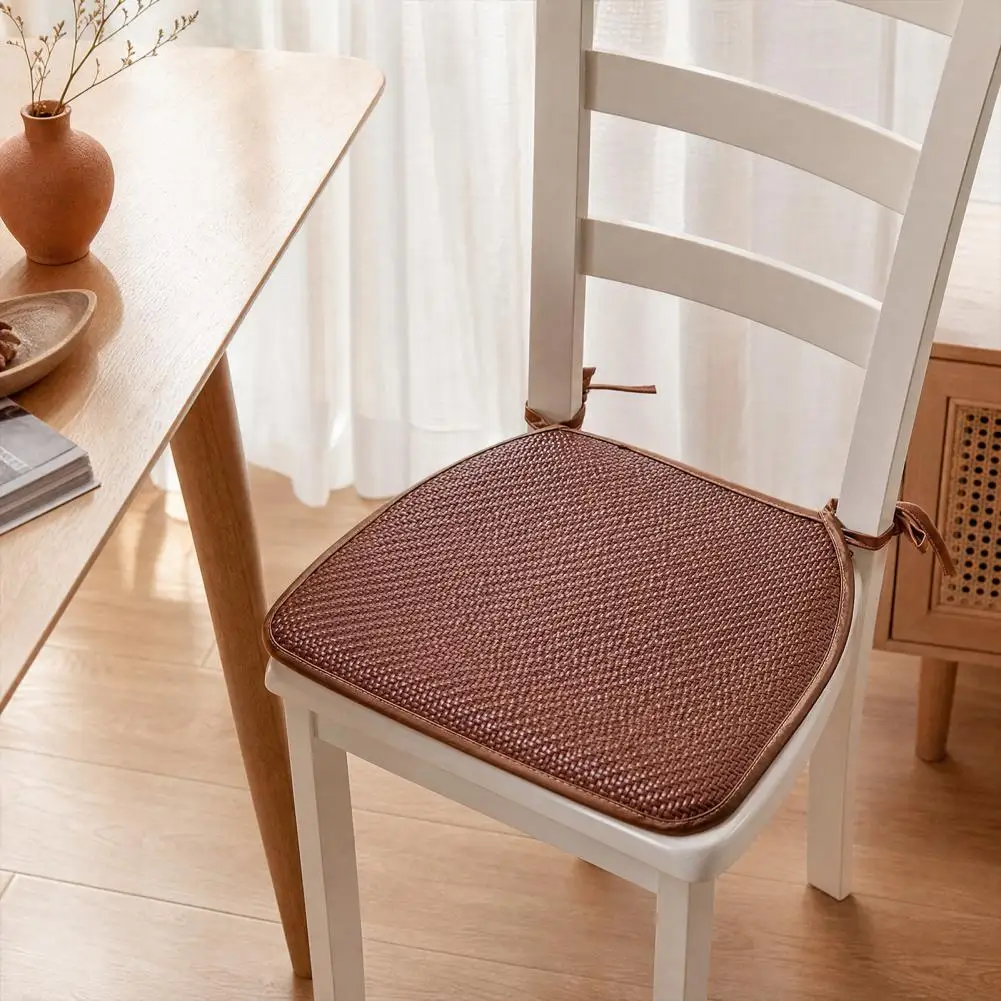 Summer Woven Rattan Seat Cushion Square Anti-slip Chair Pad with Ties Breathable Handmade Cooling Mat for Office Dining Home Use