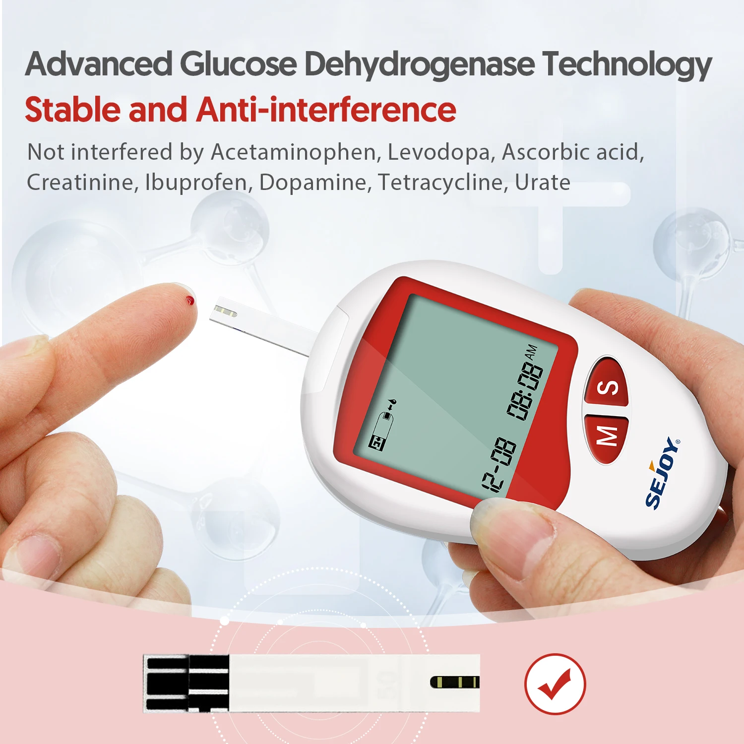 SEJOY 100 Stück Blutzuckerteststreifen für BG201/202/203, Blutzuckermessgerät Diabetes-Testkit mit 25 Stück Teststreifen/Lanzetten – Detail 6