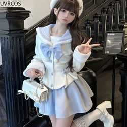 Winter Japanese Fashion Sweet 2 Piece Sets Women Sailor Collar Bow Wool Coat Cute Cake Mini Skirt Kawaii Y2k Slim Lolita JK Suit