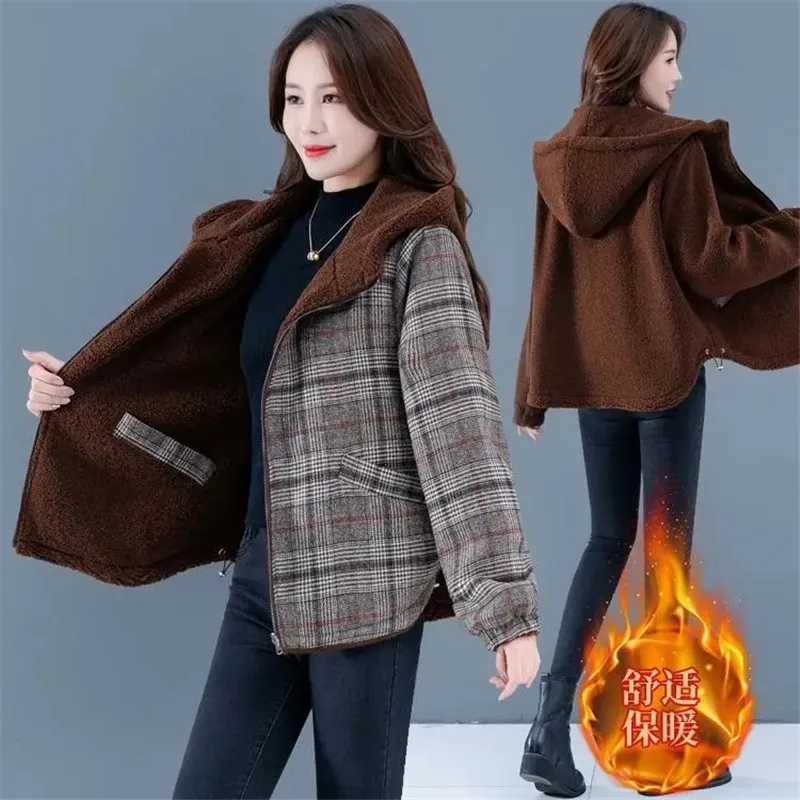 Two-Sided Put On Women\'s Coat Tops New 2022  Add Velvet Thicken Grain Fleece Winter Jacket Loose Hooded Keep Warm Outerwear