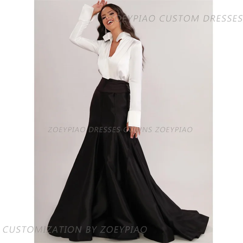 Mulheres Linha A Longo Cetim Vestidos de Baile, Vestidos de Noite Gola Alta, Árabe, Evento Formal, Festa, Elegante, Preto, Branco