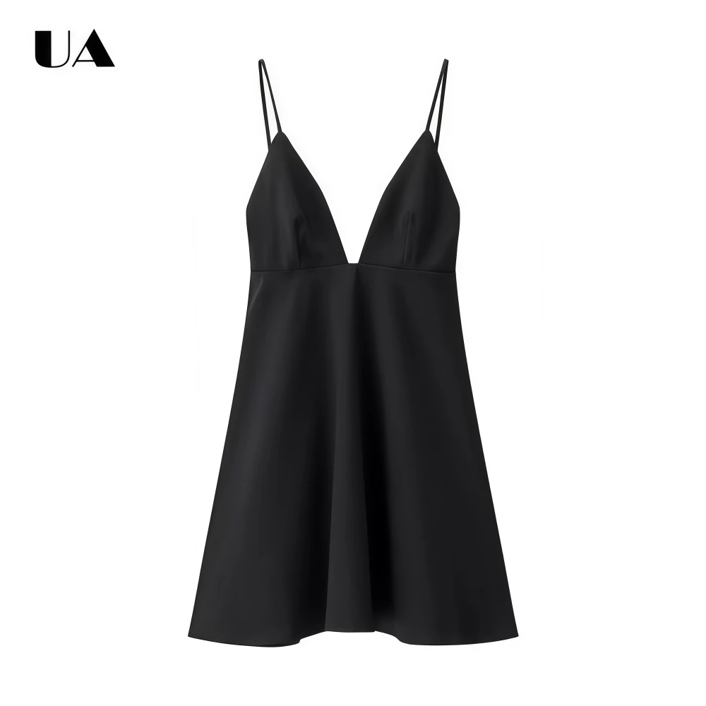 

Trendy Fit-and-flare Mini Dress with Spaghetti Straps, Hotsweet Deep V-neck Backless Short Dress, Fashionable Solid Zipped Dress