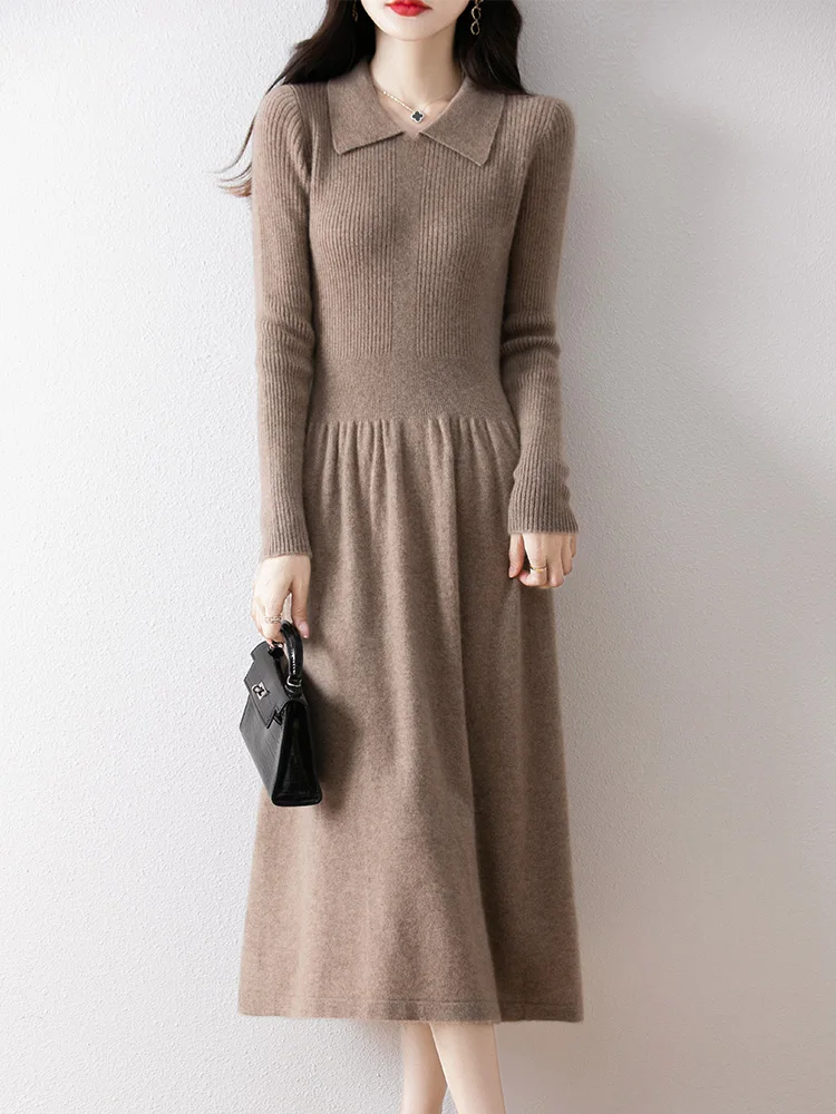 

Women Polo Collar Sweater Pure Wool Dress Autumn Winter 100% Merino Wool Office Lady Long Sleeve Knitwear Pullover A-Line Skirts