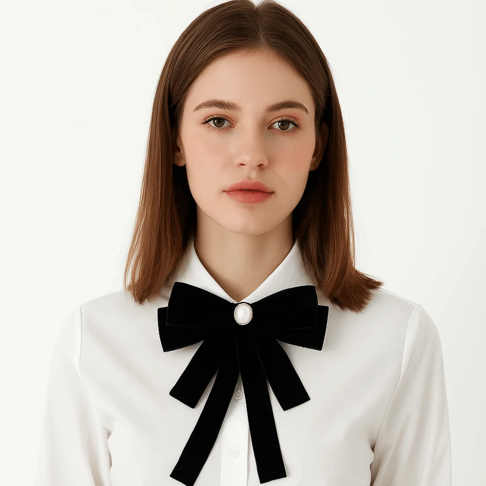 Sparkling Velvet Black Ribbon Pin Rhinestones Pearl Black Bow Necktie Pin Beads Ribbon Badge Brooch Men