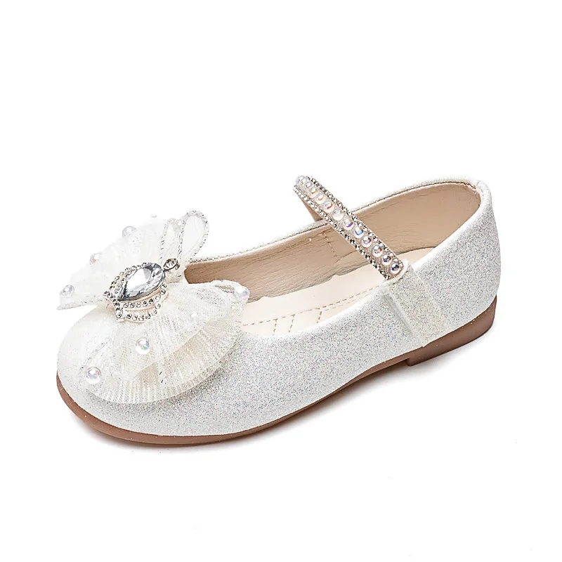 Girls Mary Jane Shoes with Bow-knot Fashion Kids Pearls Crown Princess Shoes for Party Wedding Children Leather Shoes