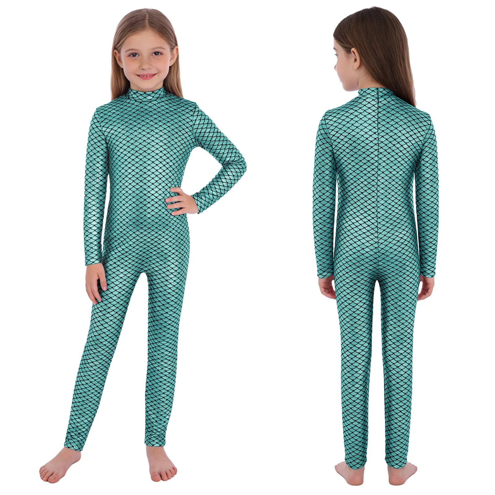 

Kids Girls Ballet Dance Gymnastics Jumpsuit Mock Neck Long Sleeve Back Zipper Metallic Fish Scales Bodysuit Halloween Outfit