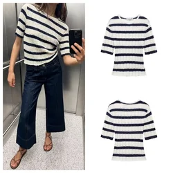 Round neck striped short-sleeved knitted sweater for women slim fit slim design niche short style fashionable and versatile