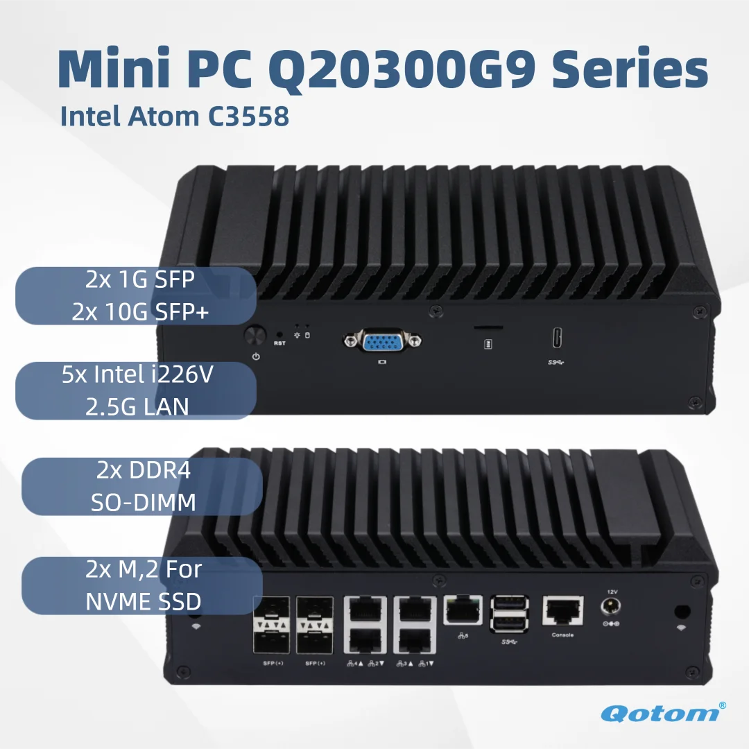 Mini PC Q20300G9 Serie CPU Atom C3558/C3758/C3758R/C3808/C3908, 10G SFP+/ 2.5G LAN/ Console, Barebone naar DIY Router Firewall