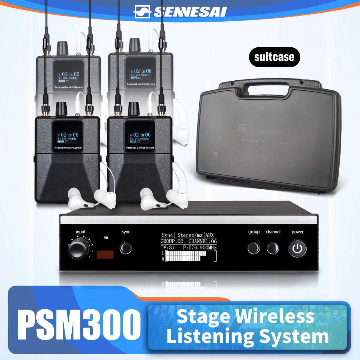 SENNESAI-PSM300 Sistema de Monitoramento Sem Fio In-Ear, Estéreo Digital, Processador DSP, Mala De Áudio, UHF, 500MHz, 100mW, 24-Bit, Ternos