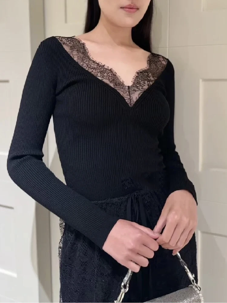 V-neck lace splicing knitted bottoming shirt simple temperament versatile elastic Slim black women's sweater 2025 spring new