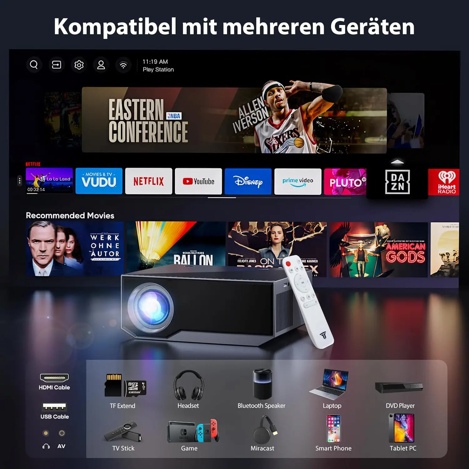 Full HD 1080P Heimkinoprojektor, 200" Projekingsgrö oder,tragbarer Proiettore hin dra premisen/drinnen, Kompatibel Android, iOS, HDMI, USB