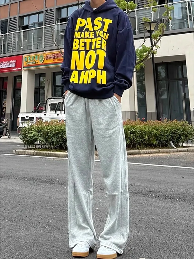 

Ey Деконструированные тяжелые свободные прямые спортивные штаны для мужчин, осенние повседневные спортивные брюки для американских подростков