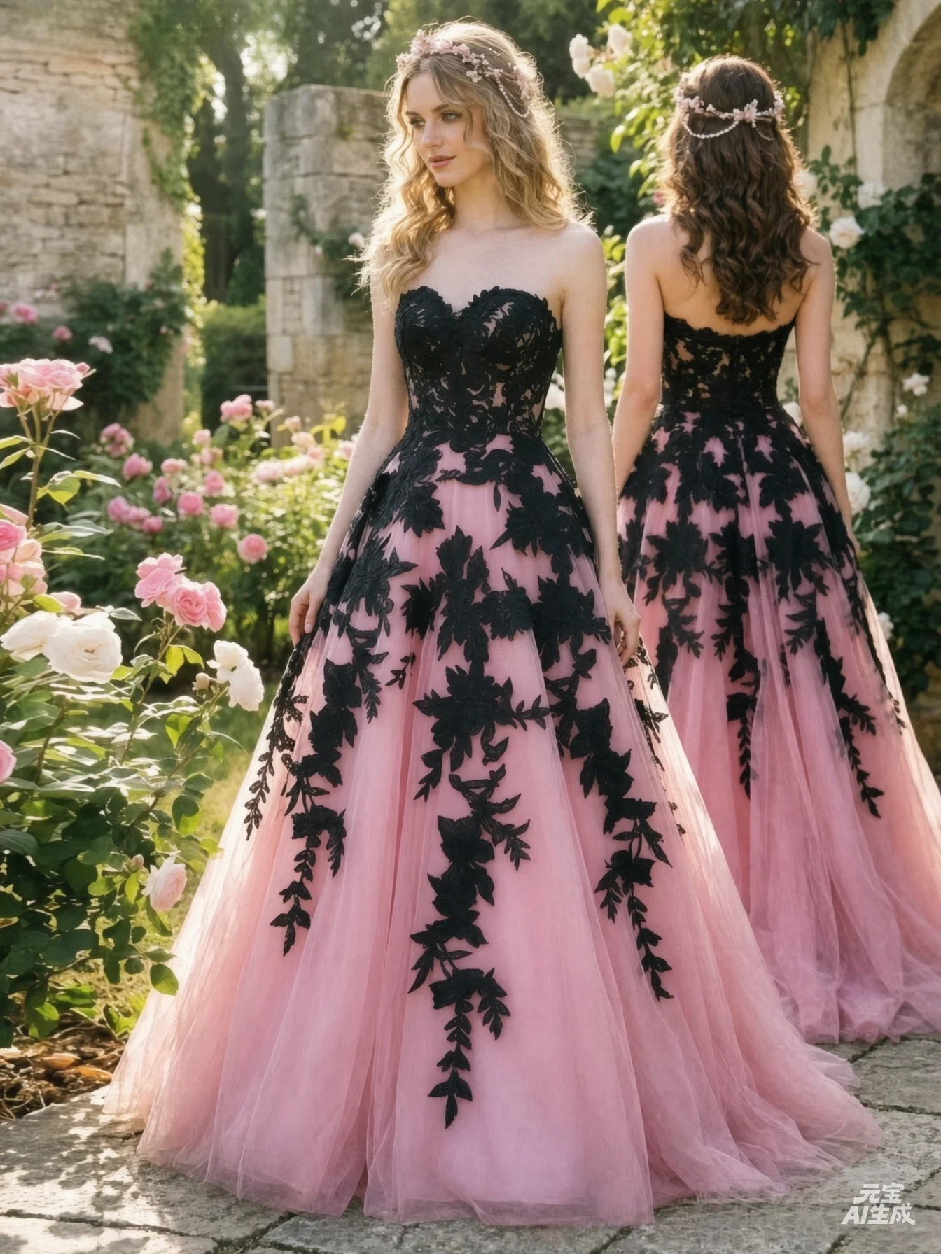 Customized Pink Tulle Strapless Ball Gown Sweetheart Black Lace Appliques A Line Floor Length Gothic Evening Dress Formal Prom