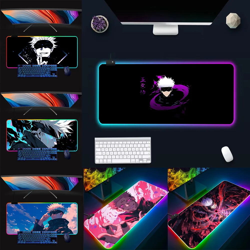 Fashion Anime Jujutsus Kaisens RGB Pc Gamer Keyboard Mouse Pad Mousepad LED Glowing Mouse Mats Rubber Gaming Computer Mausepad