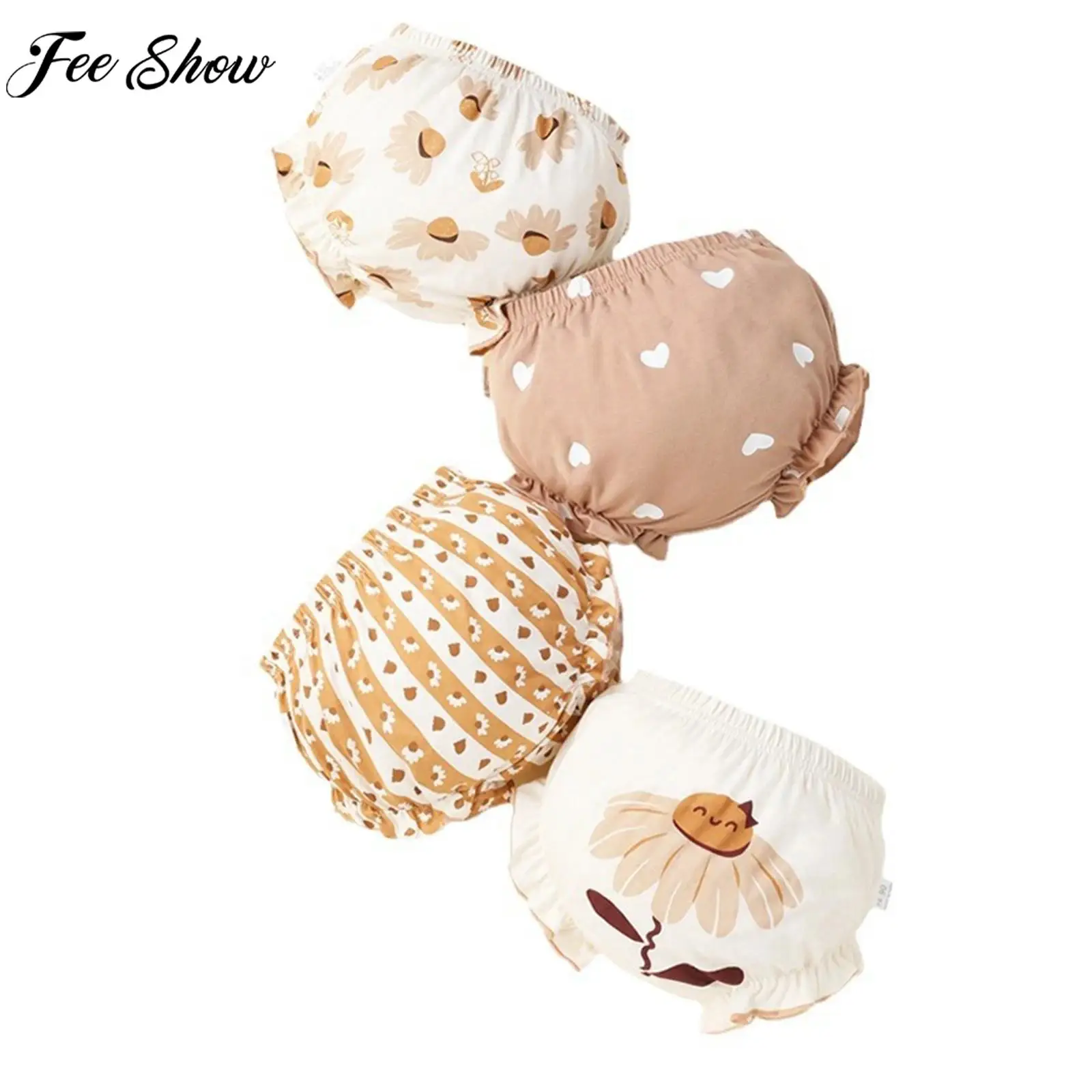 

Kids Girls Casual 4Pcs Set Briefs Bread Pants Elastic Waistband Ruffle Cute Print Shorts Reusable Nappies Diaper Cover Underwear