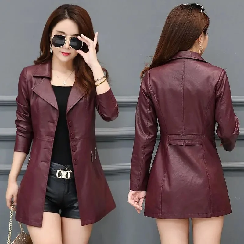 2024 New Autumn/Winter Haining Leather Coat Women's Mid length Korean Fit Thickened Women's Leather Windbreaker Coat Trendy