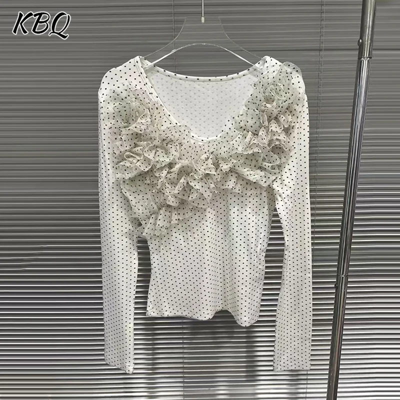 

KBQ Solid Spliced Folds Slimming Dot T Shirt for Women Round Neck Long Sleeve Temperamet Tops Female Fashion Winter Style New