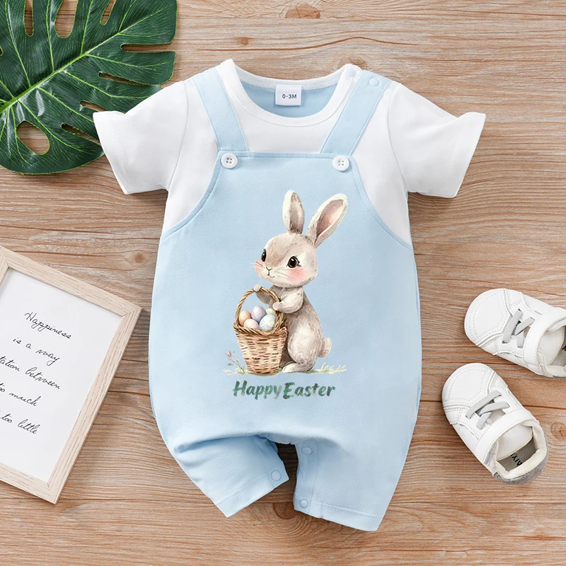 Newborn Baby Clothes Easter Bunny, Easter Eggs, Easter Basket print Infant Jumpsuit Toddler Summer Short Sleeve Pajamas Bodysuit