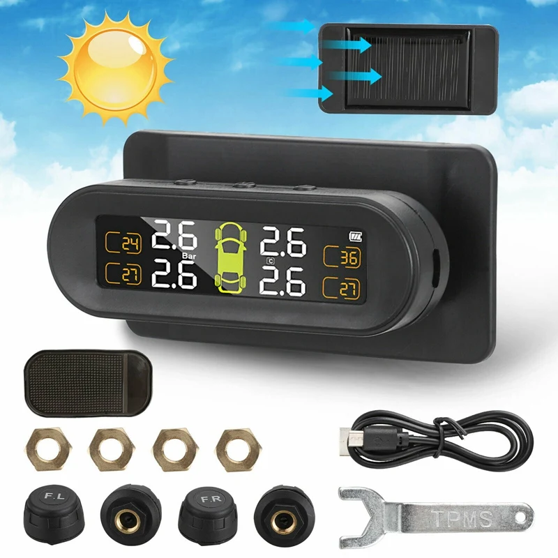 

Wireless Solar TPMS Car Windshield Tire Pressure Monitor System Adjustable LCD Color Screen With 4 External Sensors