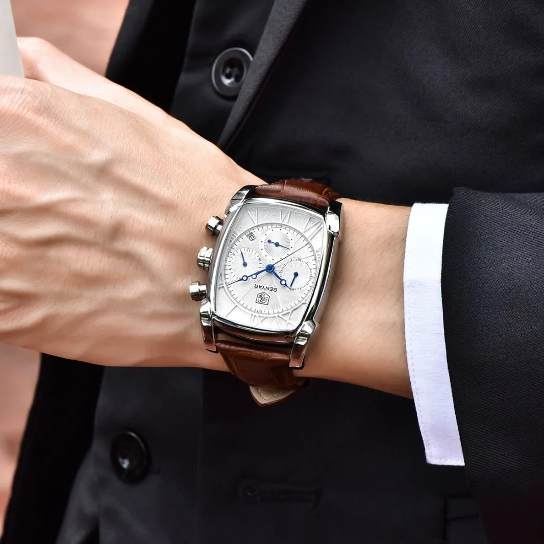 Relogio Masculino Mens Watches Top Luxury Brand BENYAR Chronograph Leather Quartz Watch Men Military Sport Rectangle Wristwatch - view 6
