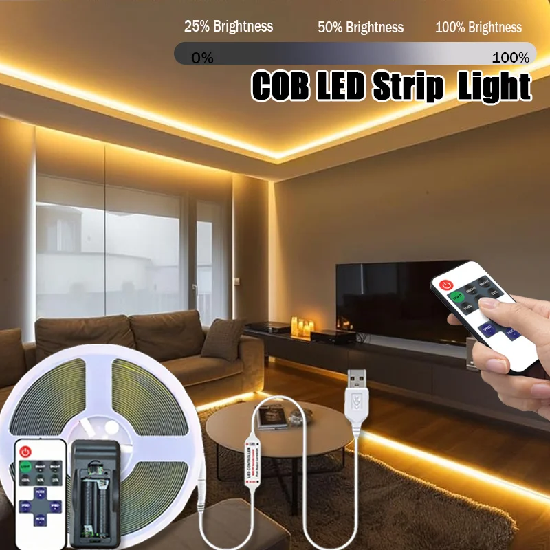 1/2/3/5M DC 5V COB LED Strip, USB Powered Tape Light with RF Remote, Dimmable White/Warm White for Cabinet Decor