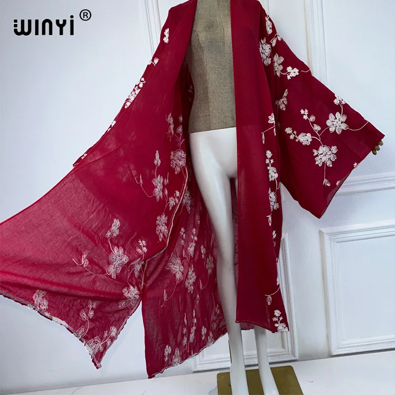 Sukienka WINYI kwiat śliwy haftowany kardigan plaży narzuta na strój kąpielowy moda Boho elegancka seksowna wakacyjna Kimono z długim rękawem