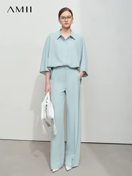 Amii Minimalism Solid Lapel Loose Rotator Sleeve Shirt Casual Trousers Sold Separate Womens Outifits Anti Wrinkle Pants 12541008