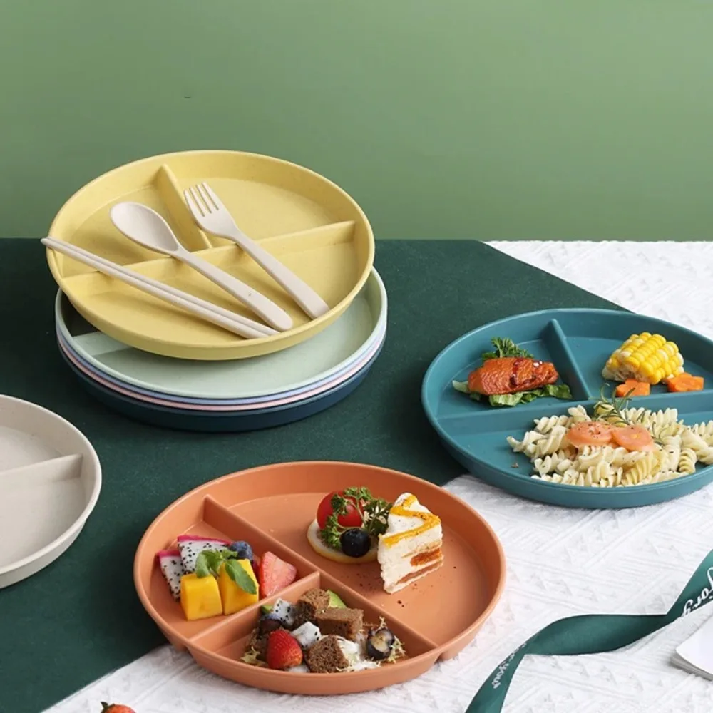 Three-Compartments Divided Plate Eco-Friendly Wheat Straw Reusable Children Dishes Anti-fall Plastic Kitchen Dinnerware Plates