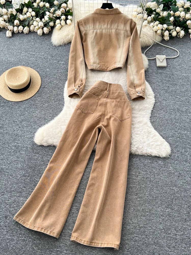 Hong Kong Sle Chic Faion Retro ort Denim Long Sve Jaet Hohe Taille Weites Bein Gerade Schnitt Hosen Herbst Zwei Stück Set