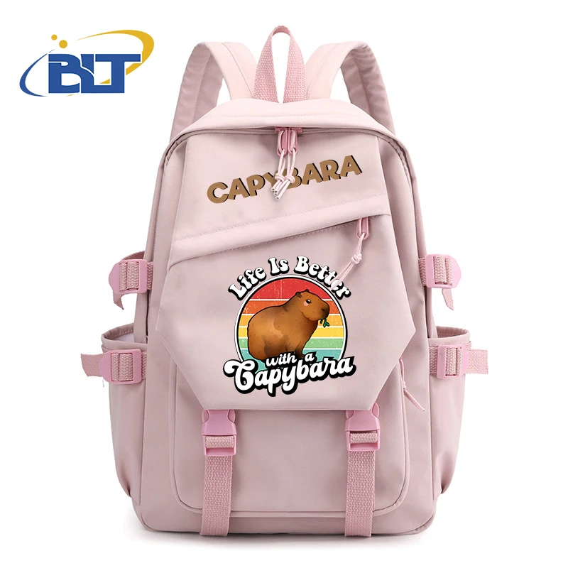 Cute Animal Capybara Printed Student Backpack Pink Girls Backpack Kids Gift