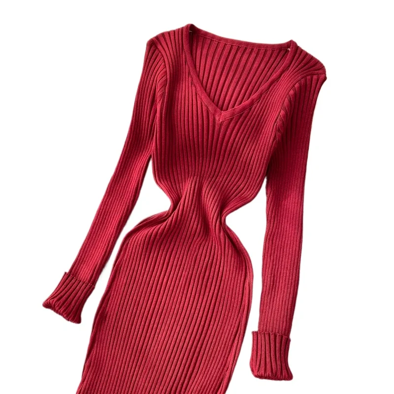 Damen Einfarbiges V-Ausschnitt Geripptes Strick-Maxikleid Elastisches Langarm-Bodycon-Kleid Damen Casual Party Modekleider – Detail 7