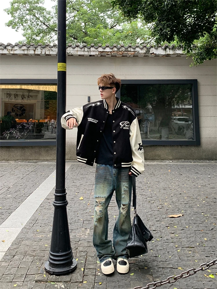 

Мужские джинсы в стиле ретро American High Street, винтажные прямые брюки с эффектом потертости и окрашивания, слегка расклешенные, в стиле стритвир