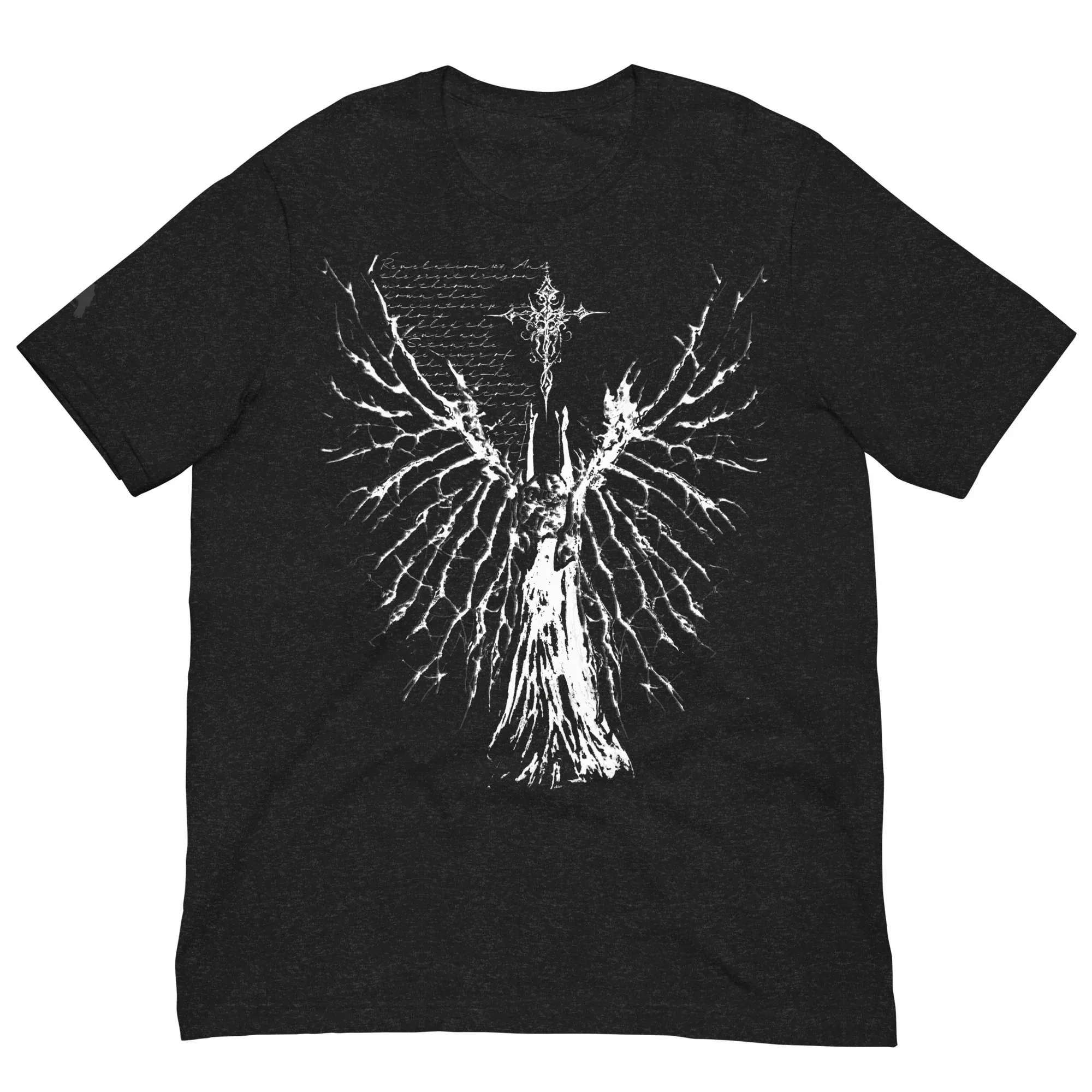 تي شيرت Gothic Fallen Angel للجنسين - تي شيرت برسومات بديلة للكتاب الداكن باللون الأسود المنقط - Ravens Crypt