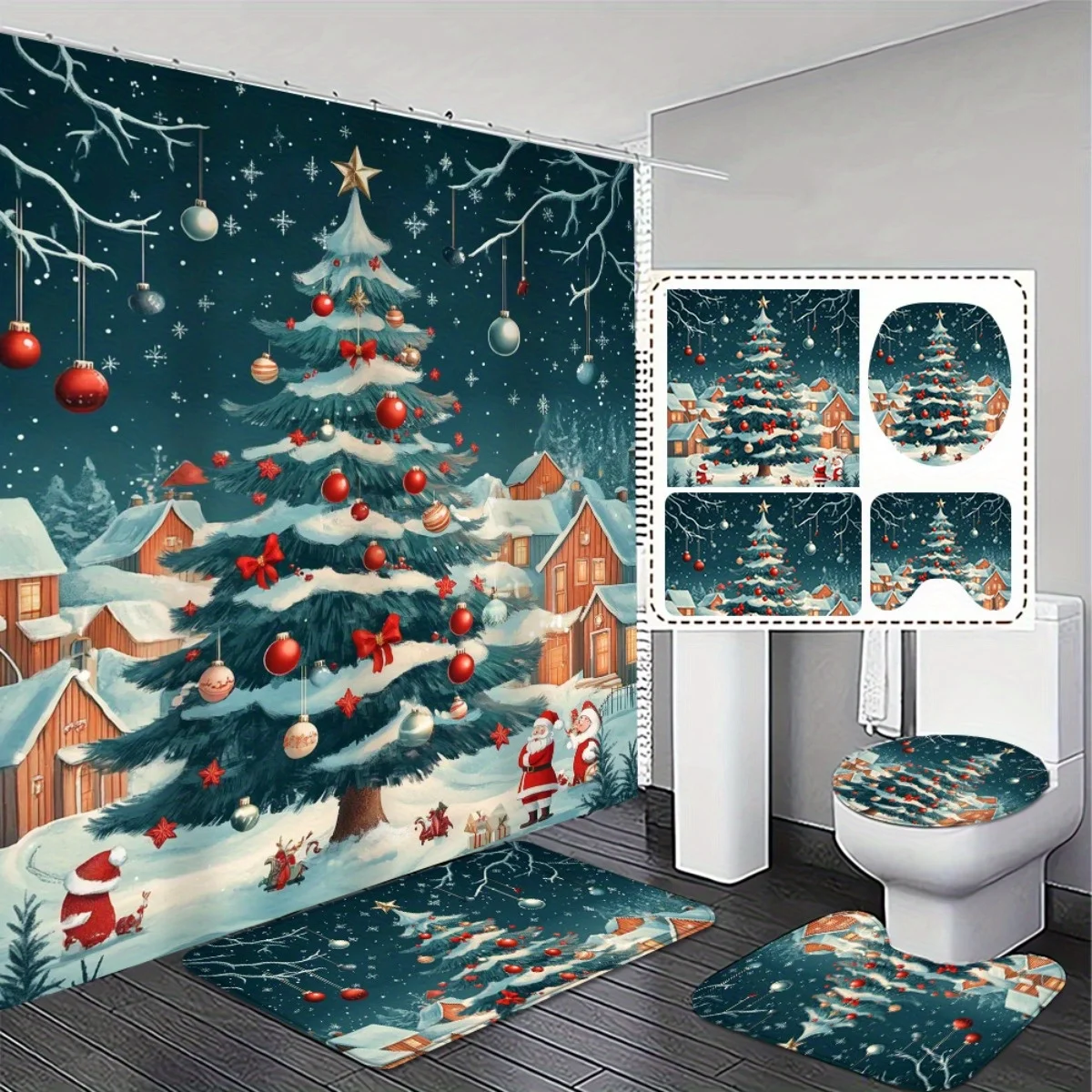 4pc 2D Flat Christmas Shower Curtain Set, Blue Red Green Festive Print, Non-slip Mats, Bathroom Decor Gift, 12 Hooks Included