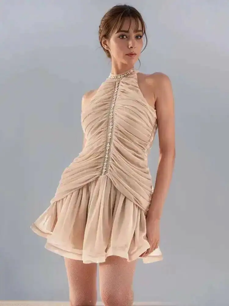

Dress Fashion Women's Dress Round Collar Sleeveless Waist Retraction Diamond Folds Zipper Slim Dresses Summer 2026 New MXU8