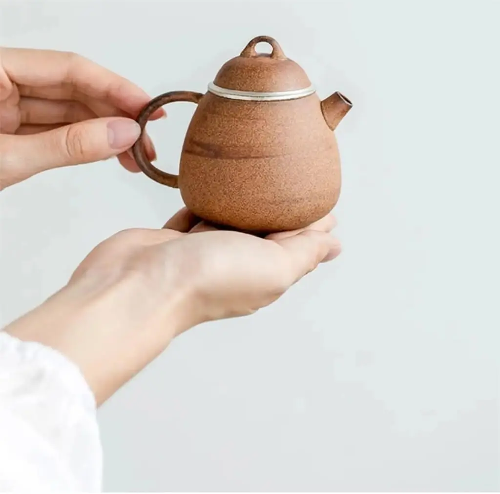 135ml Handmade Silver Art Teapot Ancient Rocky Earth Large Tribute Egg Shaped with Infuser for Tea Brewing