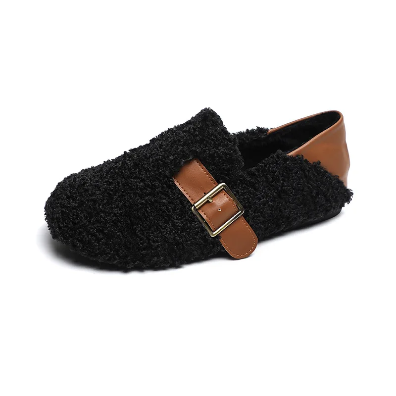Zapatos de invierno para mujer perezosos con tacón grueso y forro polar de piel de cordero, ropa cálida para interiores y exteriores, mocasines informales de felpa Chai