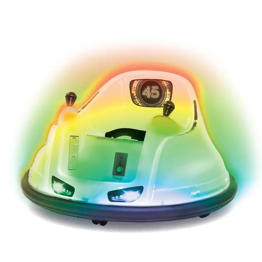 

6V White Glow Bumper Car for Kids LED RideOn Toy with 360 Spin, Rechargeable Battery, and Soft Rubber Bumpers Safe Indoor Fun fo
