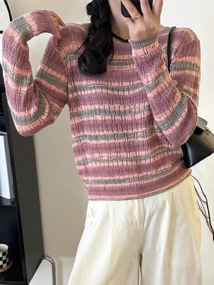 

Женский вязаный свитер с цветными полосками, модный дизайн, осенняя одежда, размер S