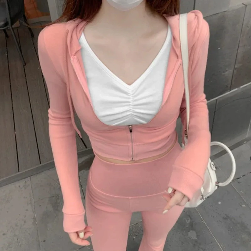 

ZILIHUA Sexy Sportswear Set High Waist Bell Bottom Pants Zipper Hoodie Short Jacket Women's Fashionable Casual Wear