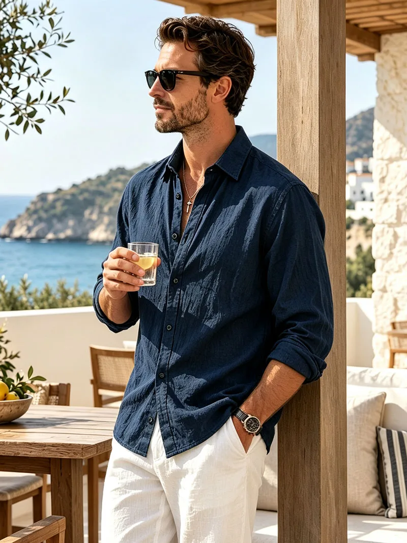 Herren-Leinenhemd für Frühling und Herbst, lässiges Langarmhemd mit Knöpfen, lockerer Schnitt, strukturierte Oberseite, leichtes Resort-Outfit für Herren – Detail 4