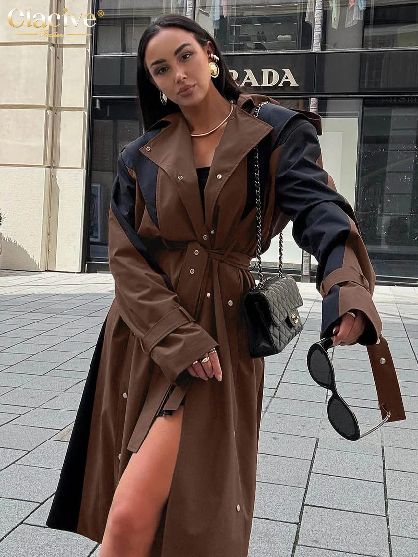 Clacive Fashion Loose Brown Cotton Women Coats 2025 Winter Lapel Long Sleeve Coat Elegant Lace-Up Patchwork Top Female Clothing