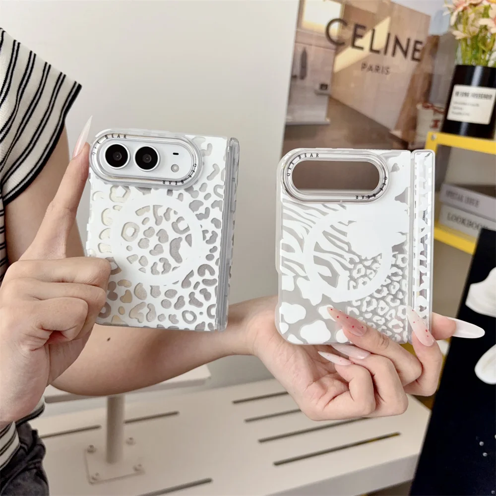 New Korea pattern leopard Magnetic stand Phone Case For iPhone Duo Foldable Protective Cover Cute Cases Shockproof For Magsafe