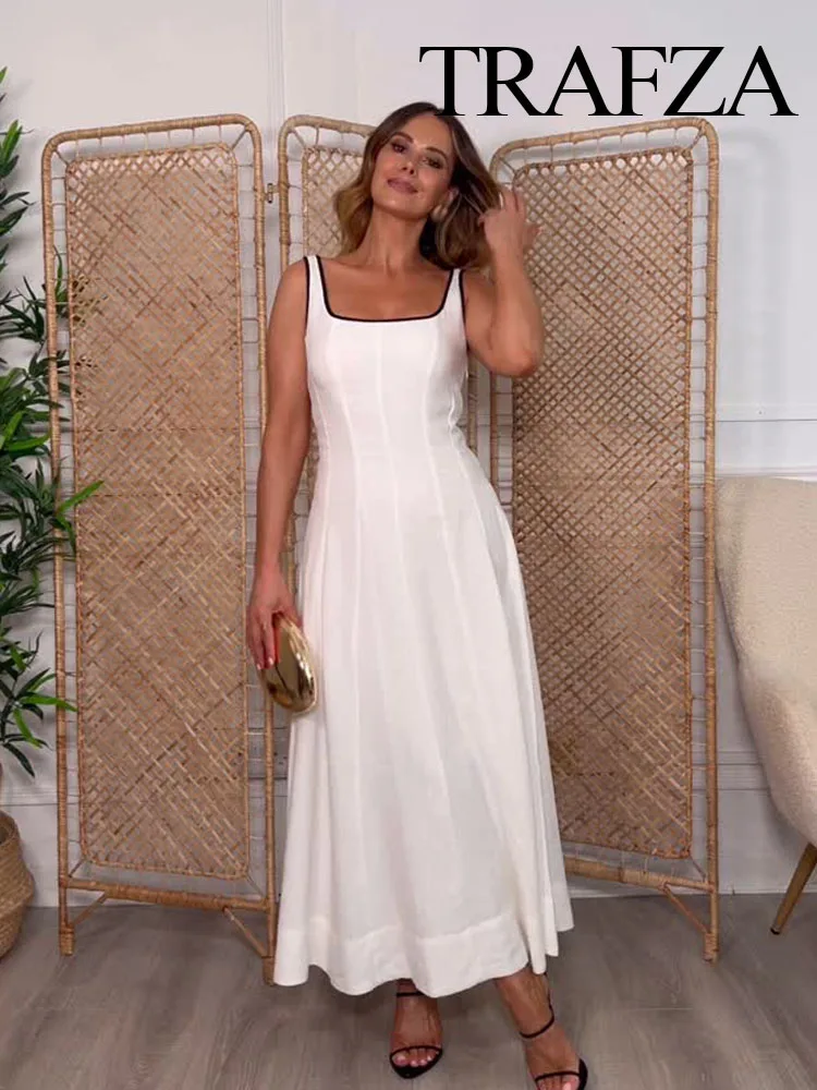 

HH Women's Summer Fashion Square Collar Sleeveless 2-Color Dress Female Temperament Zipper Holiday Style Backless Long Dress