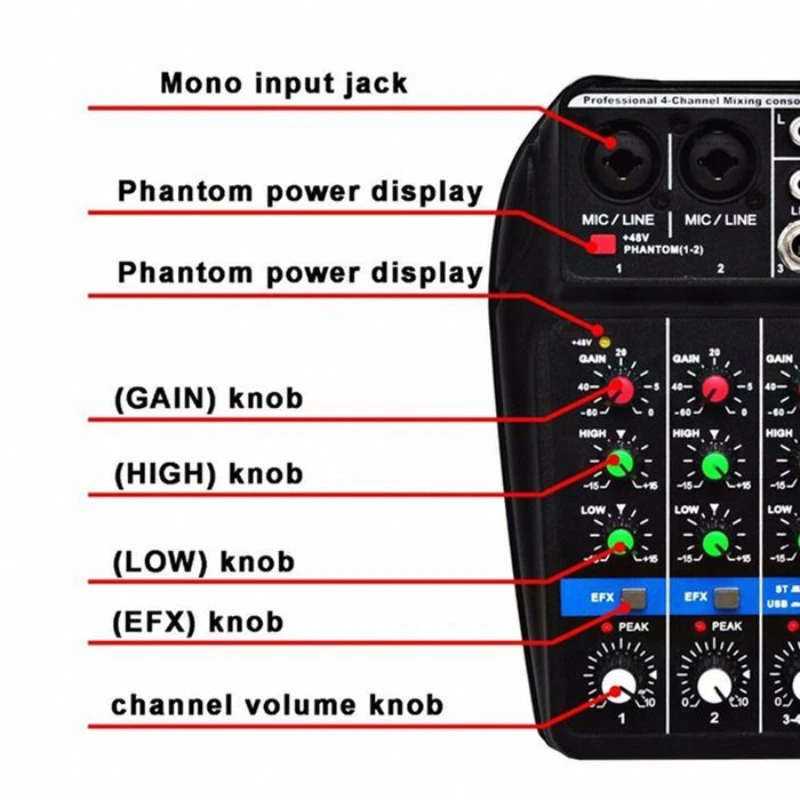 4 Channel USB Audio Mixer mini Console With BT Record 48V Phantom dj controle Mixing PC Factory Professional