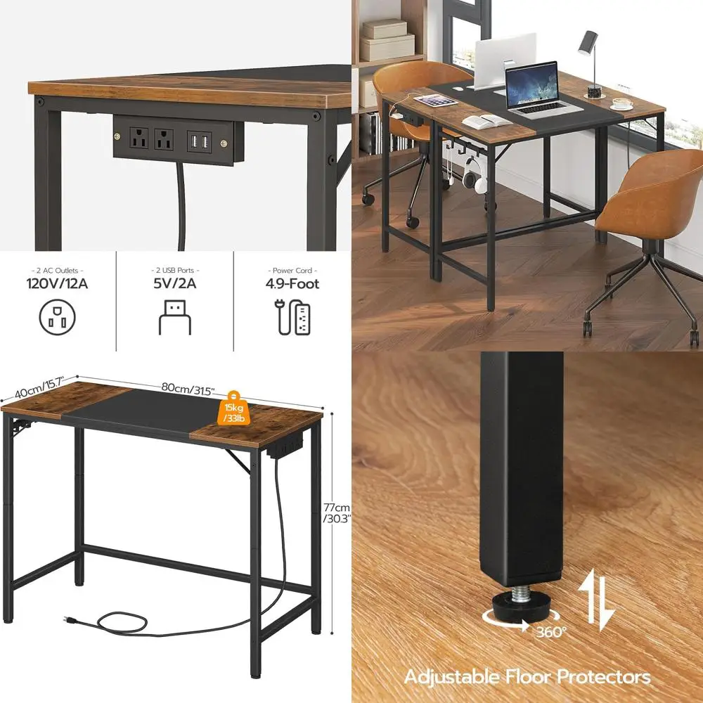 

Sturdy Rustic Brown & Black Home Office Desk with Power Outlet and 3 Hooks for Study Area - Easy Assembly B40UDN01