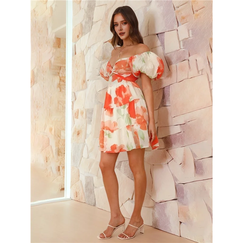 ASDS-Mini vestido feminino boho floral, manga curta bufante, decote em V, casual, longo, praia