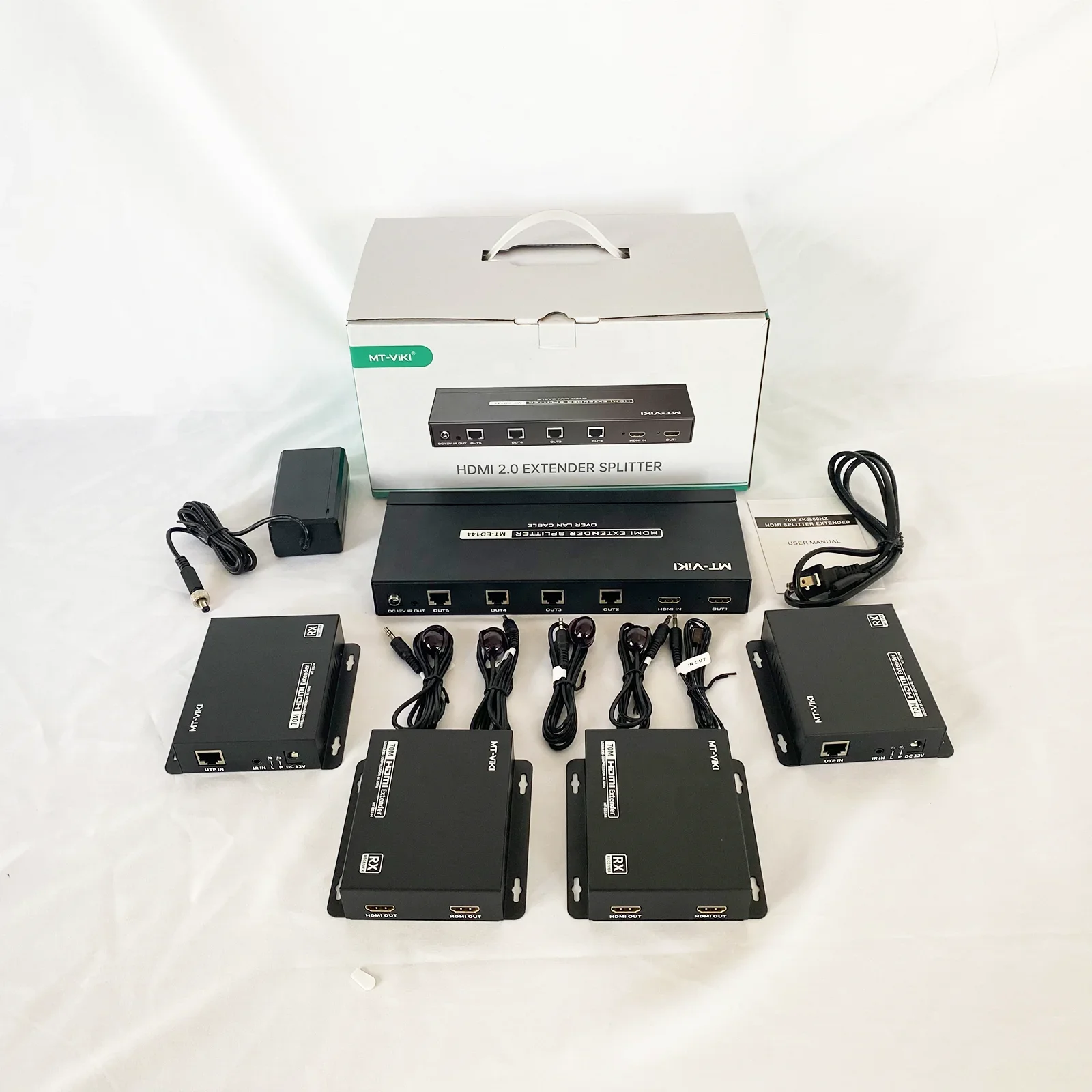 4K 60Hz イーサネット経由エクステンダー/スプリッター 1x4 1x8、MT-VIKI 1入力4出力 スプリッター/エクステンダー Cat6経由 POC + ループ 70M