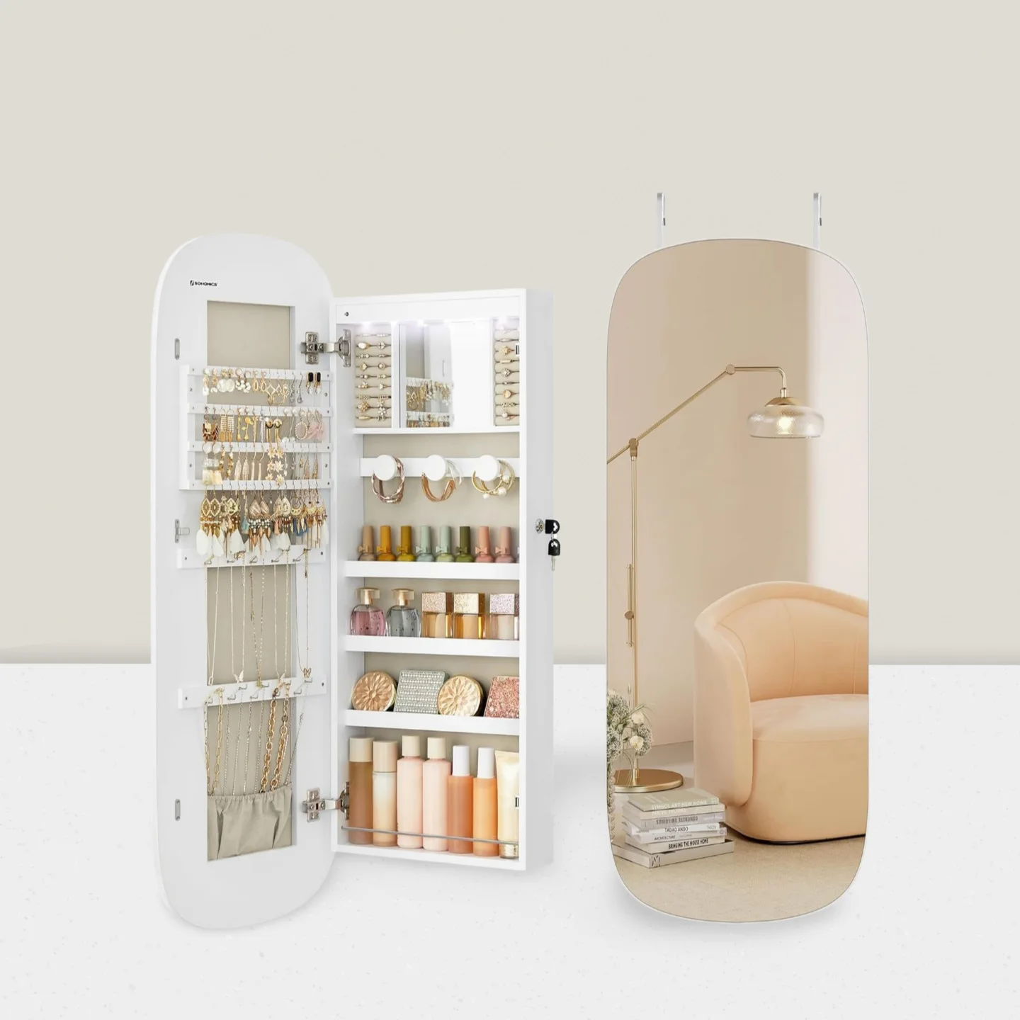 

Wall-mounted full-body mirror MDF full-length mirror cabinet earrings hanging chains bracelets jewelry storage
