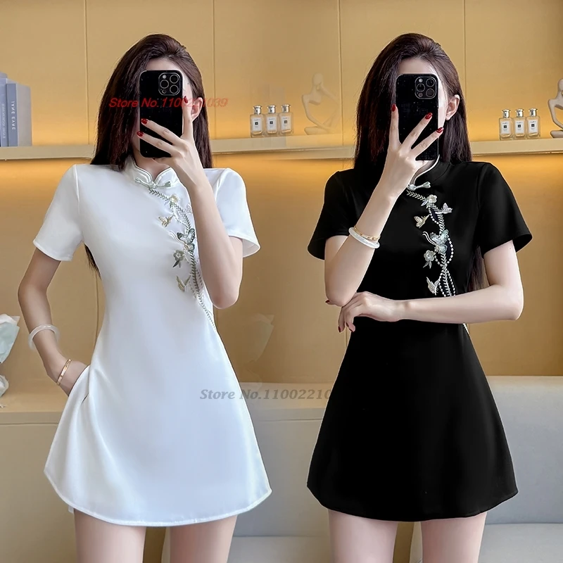 

Китайское сексуальное платье для ночного клуба, qipao, улучшенное Cheongsam, платье qipao с цветочной вышивкой + шорты, рабочее платье в восточном отеле, спа